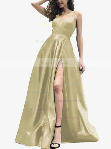 A-line V-neck Satin Sweep Train Split Front Prom Dresses #Favs020105754