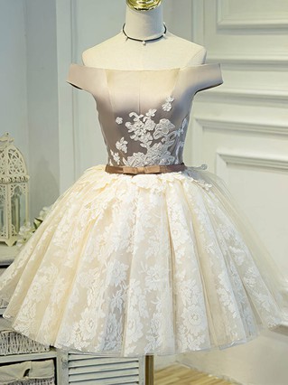 A-line Off-the-shoulder Lace Satin Tulle Short/Mini Homecoming Dresses With Appliques Lace #Favs020110132 A-line Off-the-shoulder Lace Satin Tulle Short/Mini Homecoming Dresses With Appliques Lace #Favs020110132