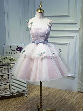 A-line V-neck Tulle Knee-length Homecoming Dresses With Flower(s) #Favs020110135 A-line V-neck Tulle Knee-length Homecoming Dresses With Flower(s) #Favs020110135