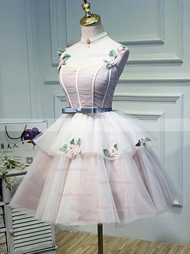 A-line V-neck Tulle Knee-length Homecoming Dresses With Flower(s) #Favs020110135