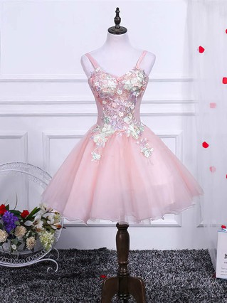 A-line V-neck Lace Tulle Short/Mini Homecoming Dresses With Appliques Lace #Favs020110136 A-line V-neck Lace Tulle Short/Mini Homecoming Dresses With Appliques Lace #Favs020110136