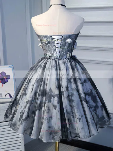 A-line Sweetheart Lace Tulle Knee-length Homecoming Dresses With Appliques Lace #Favs020110137