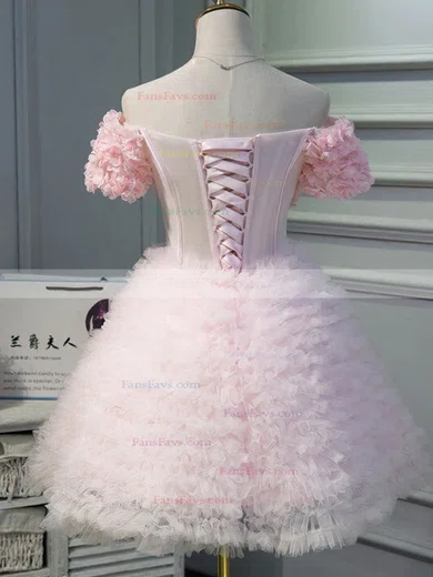 A-line Off-the-shoulder Lace Tulle Short/Mini Homecoming Dresses With Flower(s) #Favs020110138
