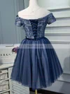 A-line Off-the-shoulder Lace Tulle Knee-length Homecoming Dresses With Appliques Lace #Favs020110139