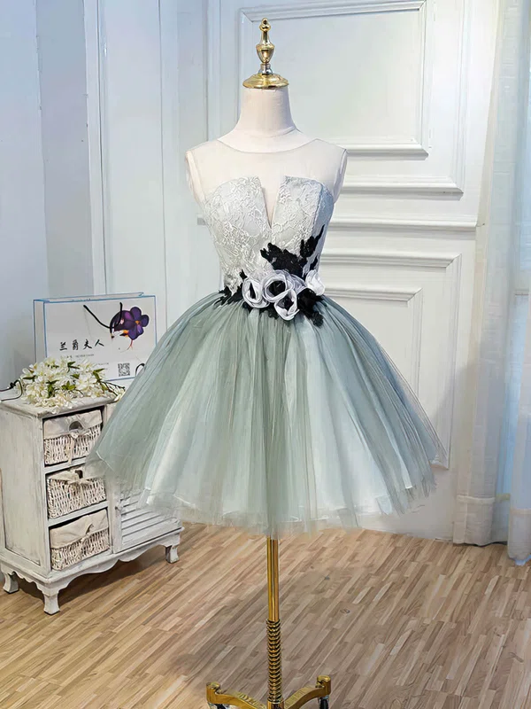 Ball Gown Scoop Neck Lace Tulle Short/Mini Homecoming Dresses With Flower(s) #Favs020110140