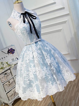 A-line Scoop Neck Lace Tulle Knee-length Homecoming Dresses With Bow #Favs020110141 A-line Scoop Neck Lace Tulle Knee-length Homecoming Dresses With Bow #Favs020110141