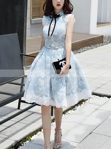 A-line Scoop Neck Lace Tulle Knee-length Homecoming Dresses With Bow #Favs020110141