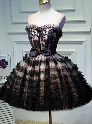 Ball Gown Scoop Neck Lace Tulle Short/Mini Homecoming Dresses With Bow #Favs020110145