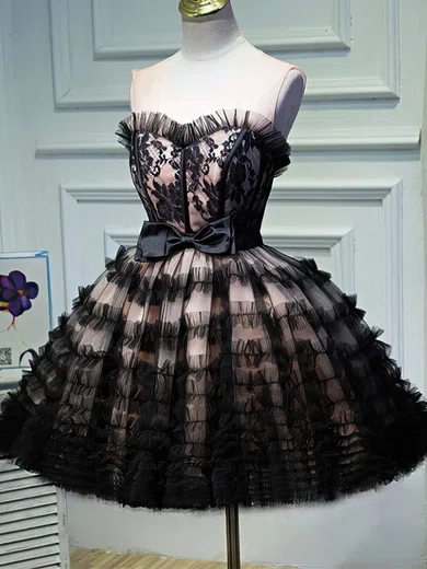 Ball Gown Scoop Neck Lace Tulle Short/Mini Homecoming Dresses With Bow #Favs020110145