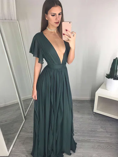 A-line V-neck Chiffon Floor-length Ruffles Prom Dresses #Favs020105763