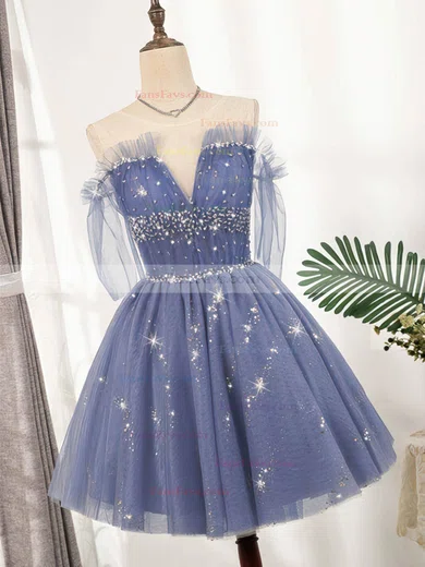 A-line Scoop Neck Tulle Short/Mini Homecoming Dresses With Beading #Favs020110148