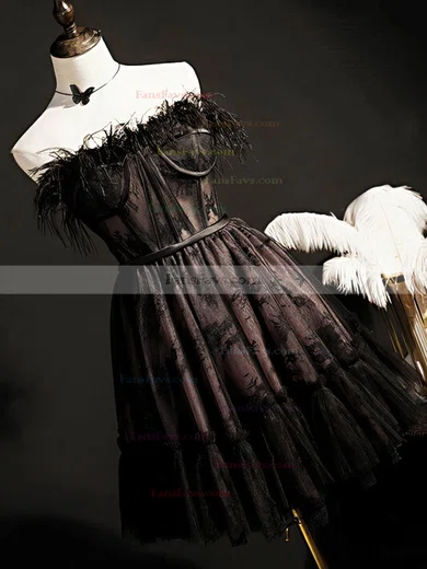 A-line Strapless Lace Tulle Short/Mini Homecoming Dresses With Feathers / Fur #Favs020110159