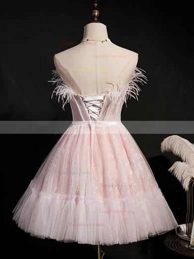 A-line Strapless Lace Tulle Short/Mini Homecoming Dresses With Feathers / Fur #Favs020110159