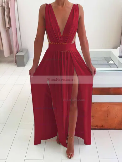 A-line V-neck Chiffon Floor-length Split Front Prom Dresses #Favs020105769