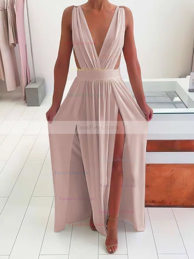 A-line V-neck Chiffon Floor-length Split Front Prom Dresses #Favs020105769