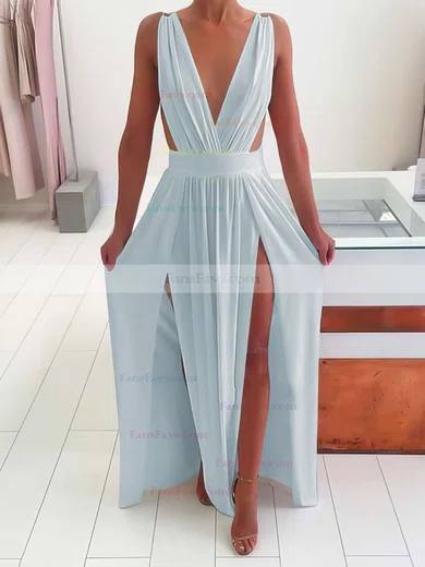 A-line V-neck Chiffon Floor-length Split Front Prom Dresses #Favs020105769