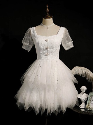 A-line Square Neckline Tulle Short/Mini Homecoming Dresses With Sequins #Favs020110167 A-line Square Neckline Tulle Short/Mini Homecoming Dresses With Sequins #Favs020110167