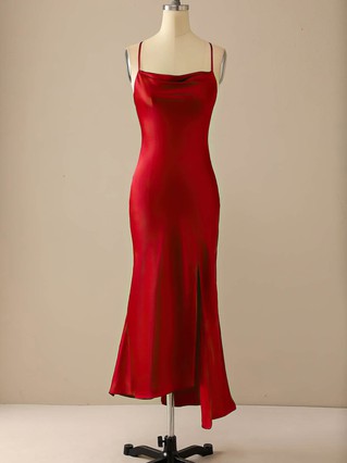 Trumpet/Mermaid Cowl Neck Silk-like Satin Tea-length Homecoming Dresses With Split Front #Favs020110174