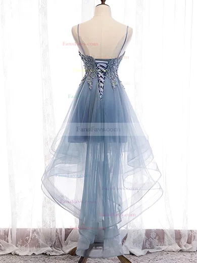 A-line V-neck Lace Tulle Asymmetrical Homecoming Dresses With Appliques Lace #Favs020110175
