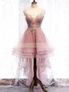 A-line V-neck Lace Tulle Asymmetrical Homecoming Dresses With Appliques Lace #Favs020110175