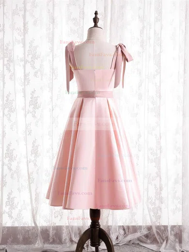 A-line Square Neckline Satin Tea-length Homecoming Dresses With Sashes / Ribbons #Favs020110177