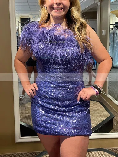 Sheath/Column One Shoulder Sequined Short/Mini Homecoming Dresses With Feathers / Fur #Favs020110278