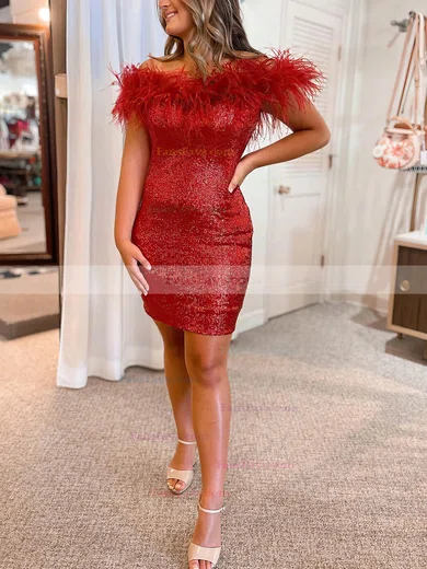 Sheath/Column Strapless Sequined Short/Mini Homecoming Dresses With Feathers / Fur #Favs020110286