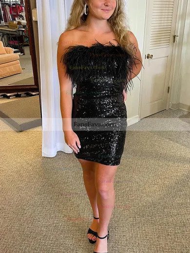 Sheath/Column Strapless Sequined Short/Mini Homecoming Dresses With Feathers / Fur #Favs020110302