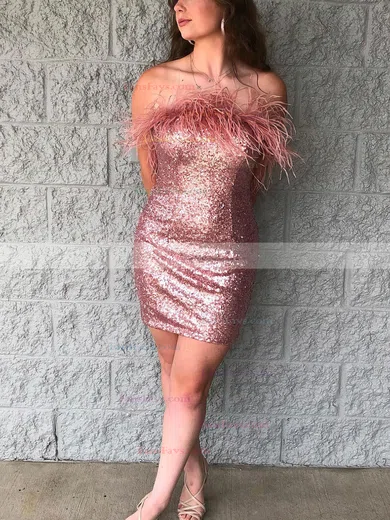 Sheath/Column Strapless Sequined Short/Mini Homecoming Dresses With Feathers / Fur #Favs020110302