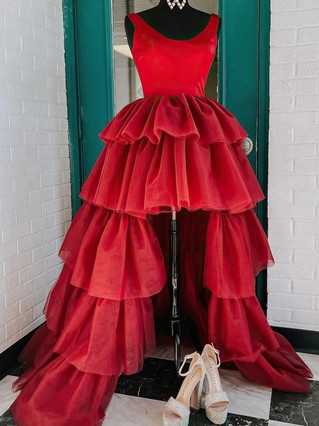 A-line Scoop Neck Satin Tulle Asymmetrical Homecoming Dresses With Tiered #Favs020110325