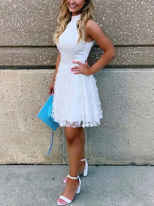 A-line High Neck Lace Tulle Short/Mini Homecoming Dresses With Appliques Lace #Favs020110185 A-line High Neck Lace Tulle Short/Mini Homecoming Dresses With Appliques Lace #Favs020110185