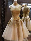 High Neck Tulle Appliques Lace Inexpensive Knee-length Prom Dresses #Favs020101414