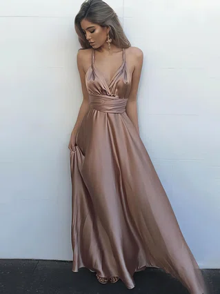 A-line V-neck Silk-like Satin Floor-length Ruffles Prom Dresses #Favs020104433 A-line V-neck Silk-like Satin Floor-length Ruffles Prom Dresses #Favs020104433