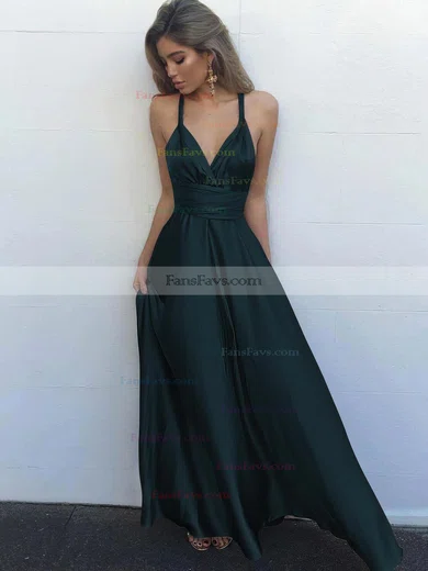 A-line V-neck Silk-like Satin Floor-length Ruffles Prom Dresses #Favs020104433