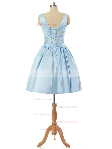 V-neck Light Sky Blue Satin Lace-up Pleats Short/Mini Prom Dresses #Favs020101795