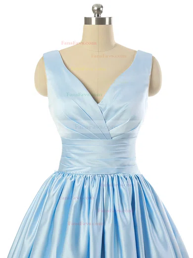 V-neck Light Sky Blue Satin Lace-up Pleats Short/Mini Prom Dresses #Favs020101795