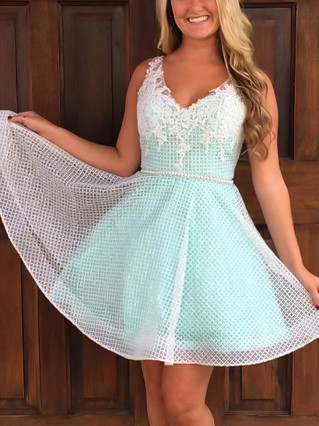 A-line V-neck Lace Tulle Short/Mini Homecoming Dresses With Appliques Lace #Favs020110215 A-line V-neck Lace Tulle Short/Mini Homecoming Dresses With Appliques Lace #Favs020110215