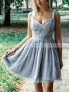 A-line V-neck Tulle Short/Mini Homecoming Dresses With Appliques Lace #Favs020110216