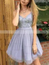 A-line V-neck Tulle Short/Mini Homecoming Dresses With Appliques Lace #Favs020110216