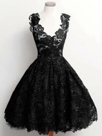 A-line V-neck Lace Knee-length Appliques Lace Prom Dresses #Favs020102389