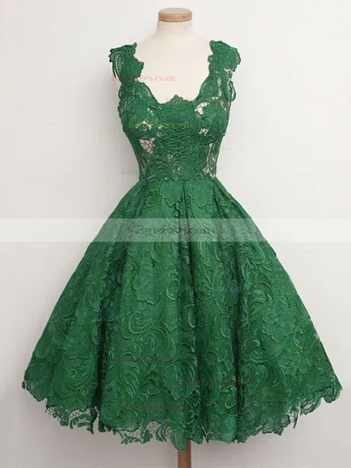 A-line V-neck Lace Knee-length Appliques Lace Prom Dresses #Favs020102389