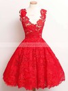 A-line V-neck Lace Knee-length Appliques Lace Prom Dresses #Favs020102389