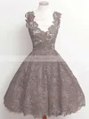 A-line V-neck Lace Knee-length Appliques Lace Prom Dresses #Favs020102389