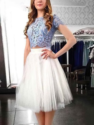A-line Scoop Neck Lace Tulle Tea-length Homecoming Dresses With Appliques Lace #Favs020110248 A-line Scoop Neck Lace Tulle Tea-length Homecoming Dresses With Appliques Lace #Favs020110248
