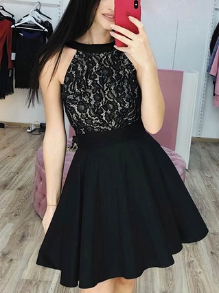 A-line Scoop Neck Satin Short/Mini Homecoming Dresses With Appliques Lace #Favs020110251 A-line Scoop Neck Satin Short/Mini Homecoming Dresses With Appliques Lace #Favs020110251