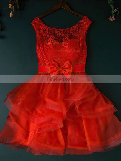 A-line Scoop Neck Lace Organza Short/Mini Bow Prom Dresses #Favs020102158