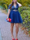 A-line V-neck Lace Tulle Short/Mini Homecoming Dresses With Appliques Lace #Favs020110263