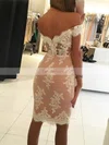 Sheath/Column Off-the-shoulder Lace Tulle Knee-length Homecoming Dresses With Appliques Lace #Favs020110268