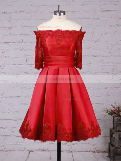 A-line Scalloped Neck Satin Short/Mini Appliques Lace Prom Dresses #Favs020102397