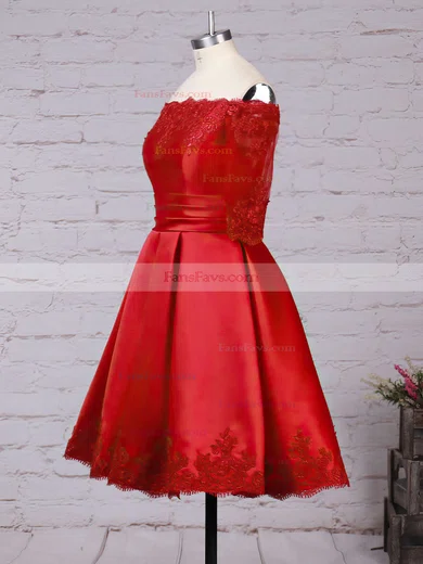 A-line Scalloped Neck Satin Short/Mini Appliques Lace Prom Dresses #Favs020102397